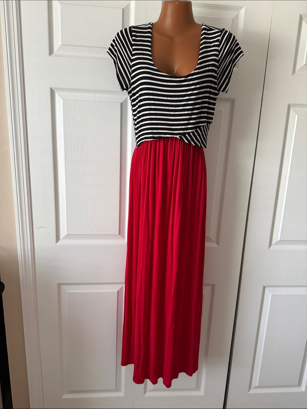 Paper Plane Red Maxi Dress with Black & White Stripes